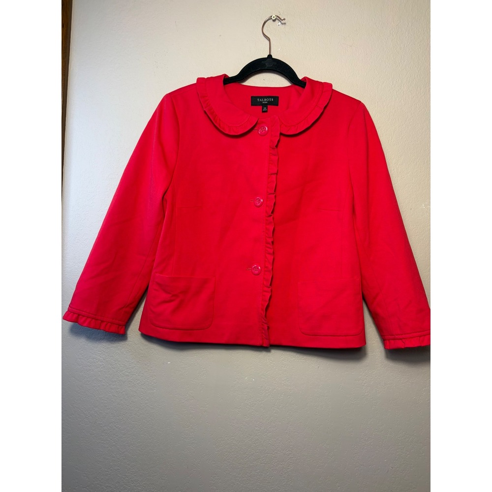 Talbots Petites Red Ruffle Trim Blazer Jacket Peter Pan Collar Size 14P